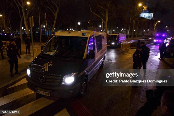 Guardia Civil prisoners' vans allegedly carrying catalan leaders leaves the National High Court on March 23, 2018 in Madrid, Spain. A judge of the...