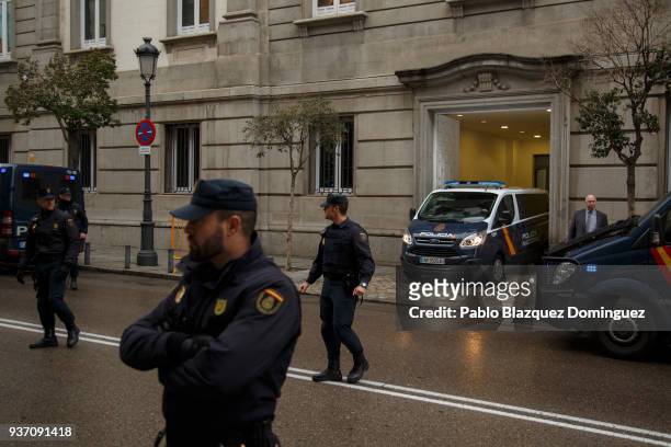 Police prisoners' van allegedly carrying catalan leaders leaves the Supreme Court on March 23, 2018 in Madrid, Spain. A judge of the Supreme Court...