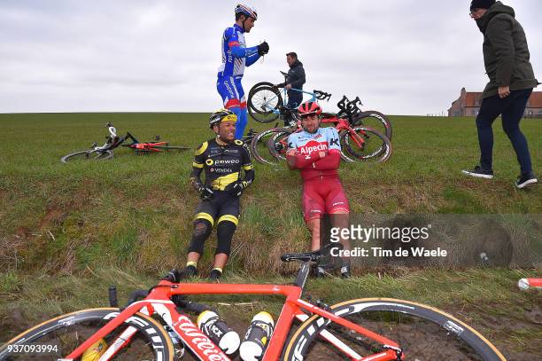 Marco Haller of Austria and Team Katusha-Alpecin /Yohann Gene of France and Team Direct Energie / Crash / during the 61st E3 Harelbeke 2018 a 206,4km...