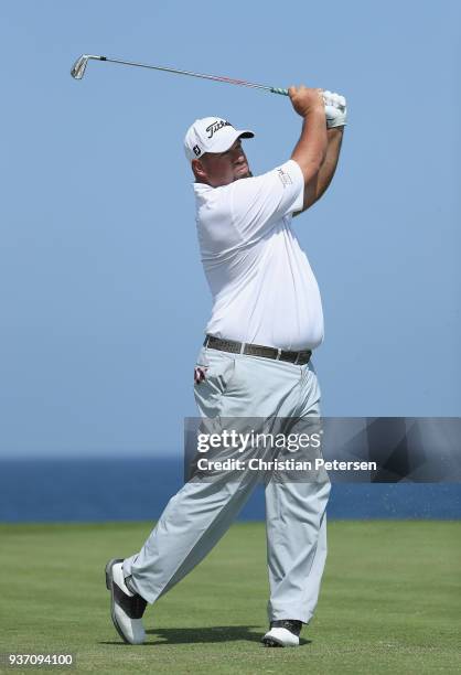 Brendon de Jonge of Zimbabwe plays his shot from the ninth tee during round two of the Corales Puntacana Resort & Club Championship on March 23, 2018...