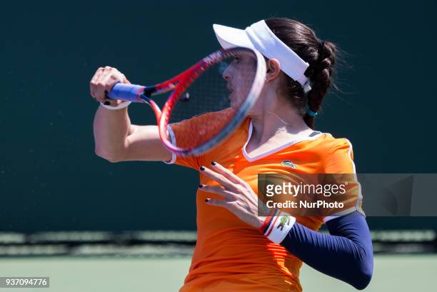 Christina Mchale, from the USA, hits a forehand during her match against Barbora Strycova, from the Czech Republic on March 23, 2018 in Key Biscayne,...