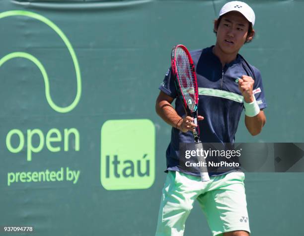 Victory for Yoshihito Nishioka, from Japan, advancing to the following round at the Miami Open on March 23, 2018 in Key Biscayne, Florida. Nishioka...