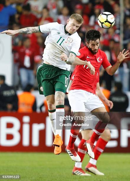 Yunus Malli of Turkey in action against James McClean of Ireland during a friendly football match between Turkey and Ireland at New Antalya Stadium...