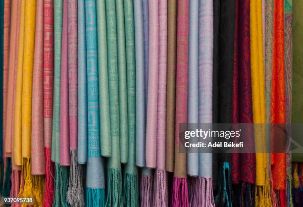 scarves at the shop (greece, athens) - shawl stockfoto's en -beelden