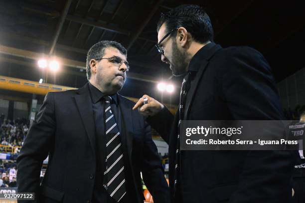 Alessandro Ramagli head coach of Segafredo talks over with his assistant Daniele Cavicchi during the LBA Legabasket of Serie A match between Leonessa...