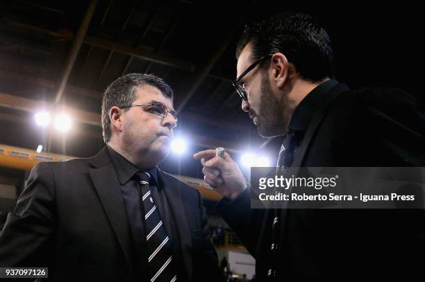 Alessandro Ramagli head coach of Segafredo talks over with his assistant Daniele Cavicchi during the LBA Legabasket of Serie A match between Leonessa...
