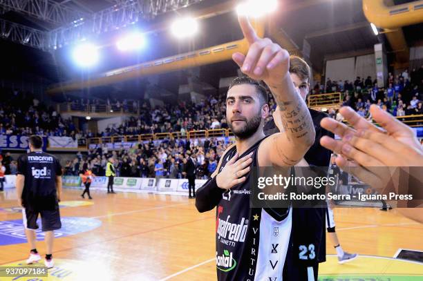 Pietro Aradori of Segafredo celebrates during the LBA Legabasket of Serie A match between Leonessa Germani Brescia and Virtus Segafredo Bologna at...