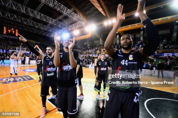 The players of Segafredo celebrates during the LBA Legabasket of Serie A match between Leonessa Germani Brescia and Virtus Segafredo Bologna at...