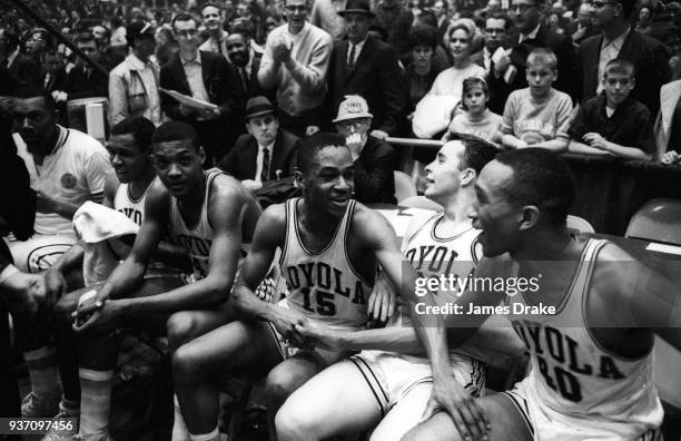 Finals: Loyola Vic Rouse and Jerry Harkness victorious on bench during game vs Cincinnati at Freedom Hall. Louisville, KY 3/23/1963 CREDIT: James...