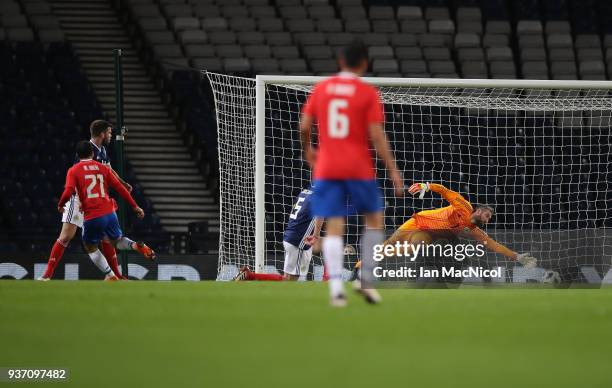 Marco Urena of Costa Rica scores the opening goal past Allan McGregor of Scotland during the Vauxhall International Challenge match between Scotland...