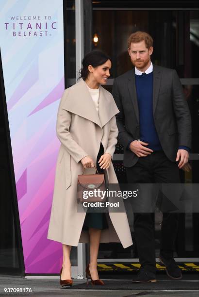 Prince Harry and Meghan Markle during a visit to Titanic Belfast maritime museum on March 23, 2018 in Belfast, Nothern Ireland.