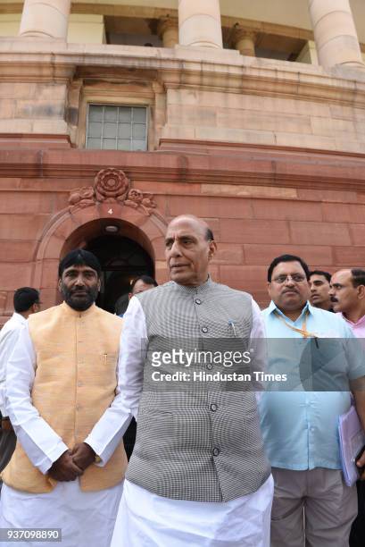 Home Minister Rajnath Singh at Parliament House on March 23, 2018 in New Delhi, India. The Congress moved a no-confidence motion against the Union...
