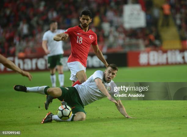 Emre Akbaba of Turkey in action against Seamus Coleman of Ireland during a friendly football match between Turkey and Ireland at New Antalya Stadium...