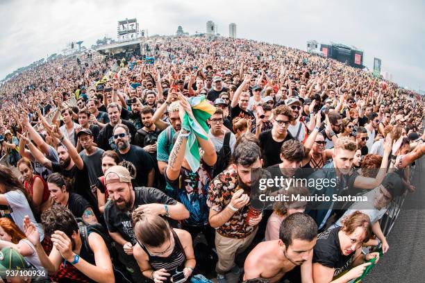 General view of the audience during the Volbeat concert during the first day of Lollapalooza Brazil at Interlagos Racetrack on March 23, 2018 in Sao...