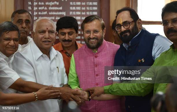 Rajya Sabha candidate Rajeev Chandrasekhar with the Union Minister Prakash Javadekar, BJP Karnataka president Yeddyurappa and other leaders during...