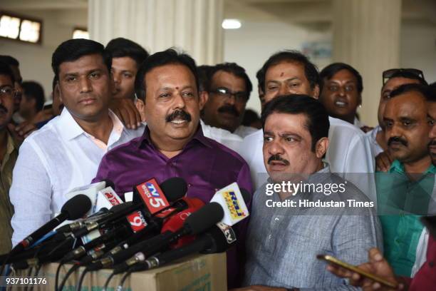 Cheluvaraya Swamy and Zameer Ahmed Khan rebel Janta Dal leaders during Rajya Sabha election at Vidhan Soudha on March 23, 2018 in Bengaluru, India....