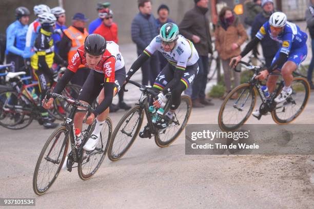 Tiesj Benoot of Belgium and Team Lotto Soudal / Peter Sagan of Slovakia and Team Bora-Hansgrohe / during the 61st E3 Harelbeke 2018 a 206,4km race...