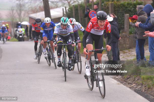 Tiesj Benoot of Belgium and Team Lotto Soudal / Peter Sagan of Slovakia and Team Bora-Hansgrohe / during the 61st E3 Harelbeke 2018 a 206,4km race...