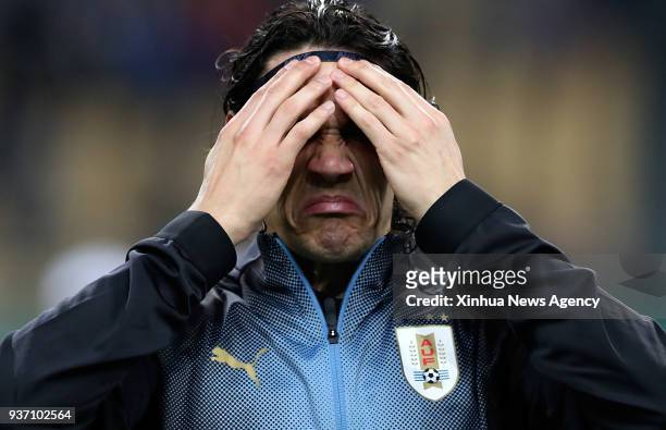 March 23, 2018 -- Edinson Cavani of Uruguay reacts before the match between Uruguay and the Czech Republic at the 2018 China Cup International...