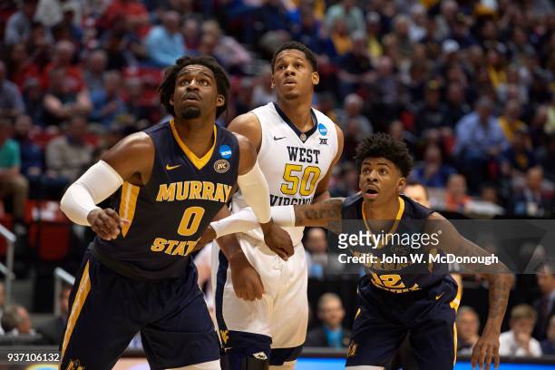 Playoffs: Murray State Terrell Miller Jr. And Gee McGhee in action vs West Virginia Sagaba Konate at Viejas Arena. San Diego, CA 3/16/2018 CREDIT:...