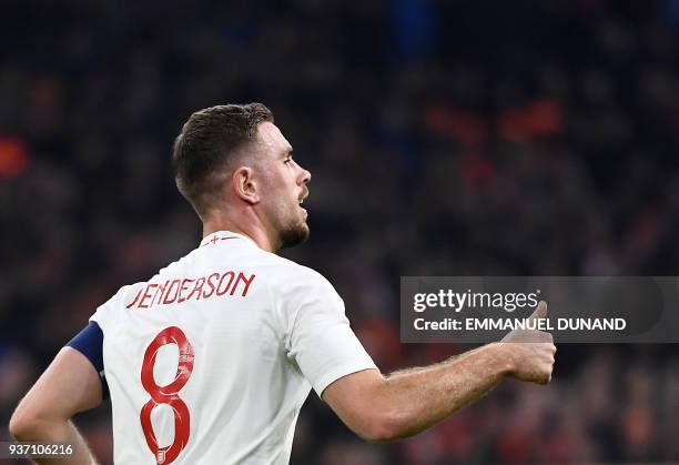 English player Jordan Henderson reacts during a friendly football match between the Netherlands and England at the Amsterdam Arena in Amsterdam on...