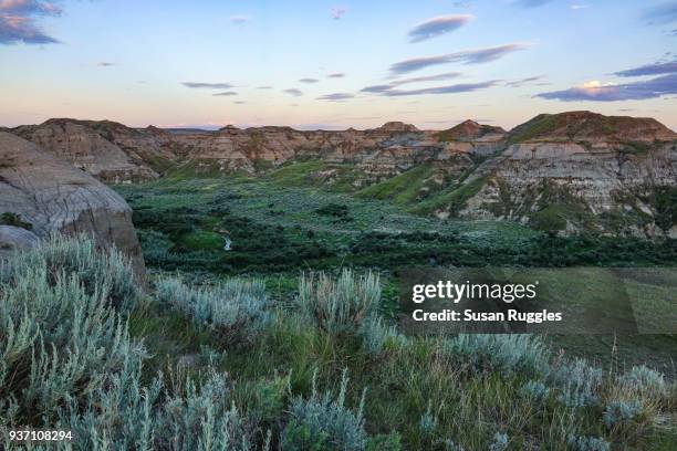 sunset, landscape, badlands, dinosaur provincial park - dinosaur provincial park fotografías e imágenes de stock