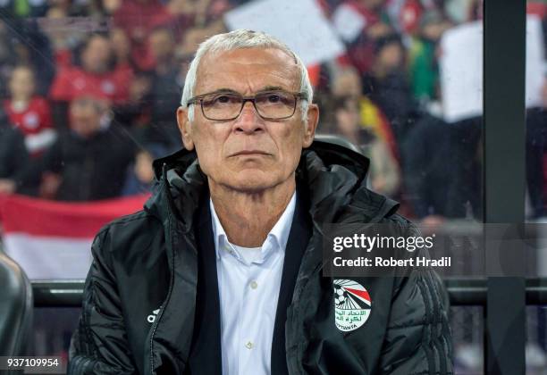 Head Coach Hector Cuper of Egypt looks on during the International Friendly between Portugal and Egypt at the Letzigrund Stadium on March 23, 2018 in...