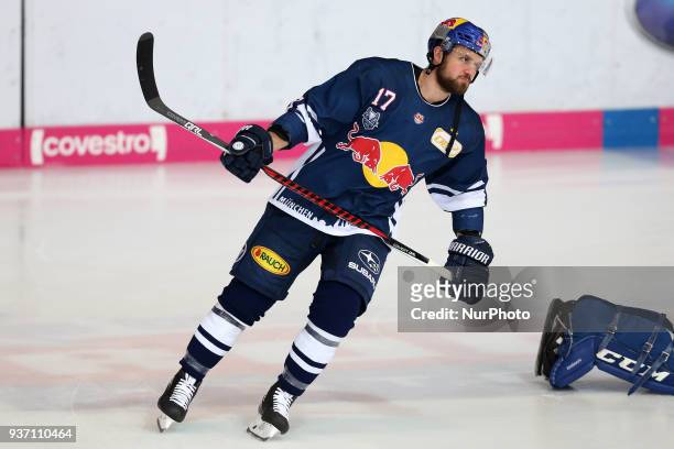 Brooks Macek of Red Bull Munich during the DEL Playoff Quarterfinal match 5 between the EHC Red Bull Munich and Pinguins Bremerhaven on March 23rd,...