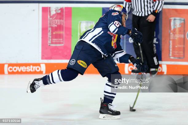 Derek Joslin of Red Bull Munich during the DEL Playoff Quarterfinal match 5 between the EHC Red Bull Munich and Pinguins Bremerhaven on March 23rd,...