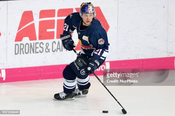 Dominik Kahun of Red Bull Munich during the DEL Playoff Quarterfinal match 5 between the EHC Red Bull Munich and Pinguins Bremerhaven on March 23rd,...