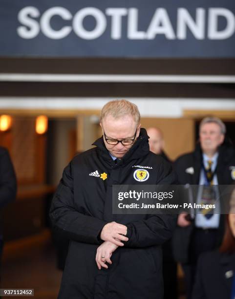 Scotland manager Alex McLeish checks his watch before the international friendly match at Hampden Park, Glasgow.