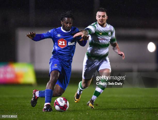 Waterford , Ireland - 23 March 2018; Stanley Aborah of Waterford in action against Brandon Miele of Shamrock Rovers during the SSE Airtricity League...