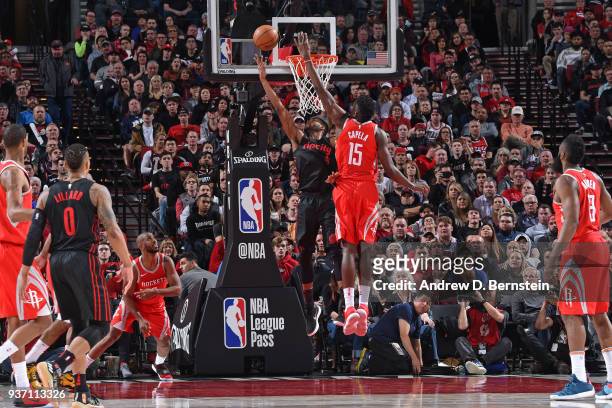 Maurice Harkless of the Portland Trail Blazers goes to the basket against the Houston Rockets on March 20, 2018 at the Moda Center in Portland,...