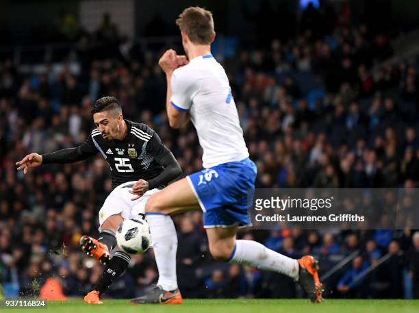 Manuel Lanzini of Argentina scores his sides second goal during the International friendly match between Italy and Argentina at Etihad Stadium on...