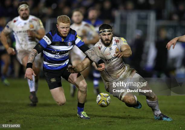 Don Armand of Exeter Chiefs battles for the loose ball with Tom Homer of Bath during the Aviva Premiership match between Bath Rugby and Exeter Chiefs...