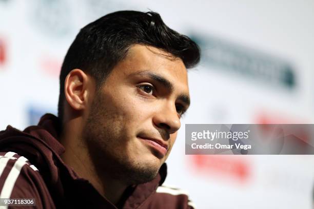 Raul Jimenez gestures during the Mexico press conference ahead of the FIFA friendly match against Iceland at Levi's Stadium on March 22, 2018 in...