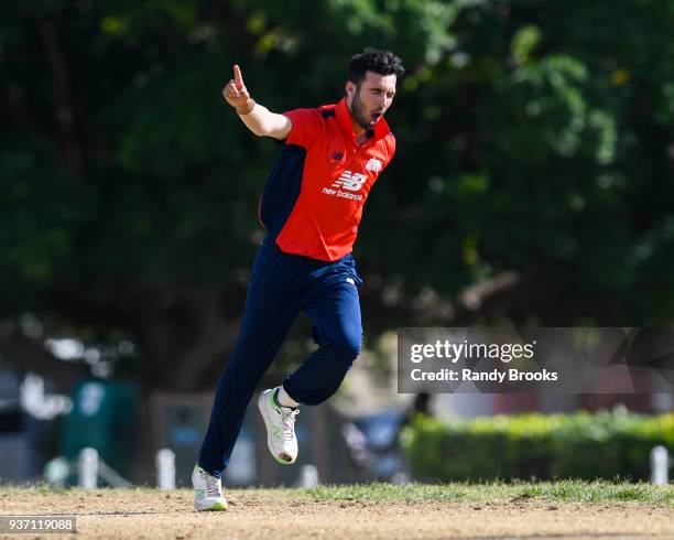 Saqib Mahmood of North celebrates the dismissal of Laurie Evans of South during the ECB North v South Series match Three at 3Ws Oval on March 23,...