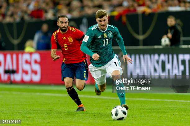 Daniel Carvajal of Spain and Timo Werner of Germany battle for the ball during the international friendly match between Germany and Spain at...