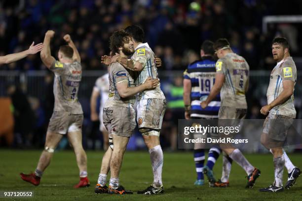 Alec Hepburn of Exeter Chiefs celebrates at the final whistle with Dave Dennis of Exeter Chiefs during the Aviva Premiership match between Bath Rugby...