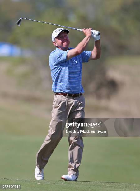 Billy Mayfair hits his second shot on the 18th hole during the first round of the Rapiscan Systems Classic at Fallen Oak Golf Course on March 23,...