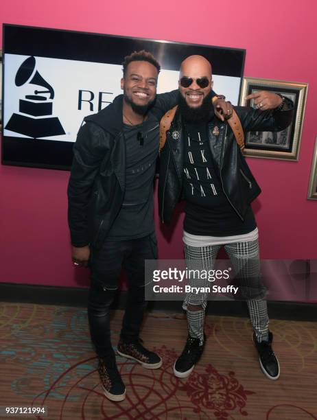 Musician Travis Greene and composer JJ Hairston attends the Recording Academy Outreach brunch during the 2018 Stellar Gospel Music Awards at The...