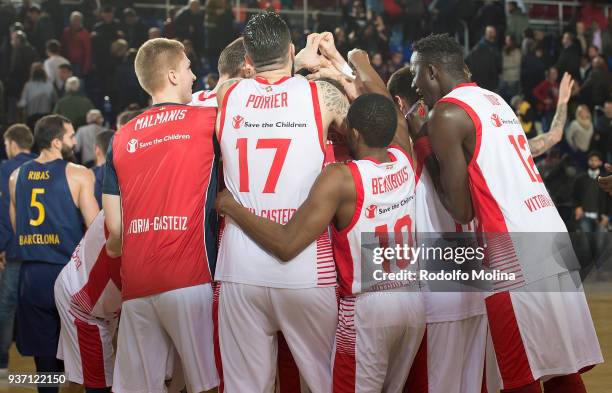 Players of Baskonia Vitoria Gasteiz celebrates at the end of the 2017/2018 Turkish Airlines EuroLeague Regular Season Round 28 game between FC...