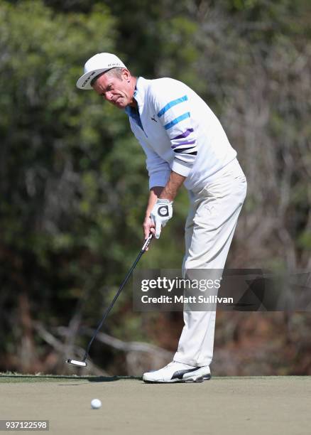 Jesper Parnevik of Sweden putts on the first hole during the first round of the Rapiscan Systems Classic at Fallen Oak Golf Course on March 23, 2018...