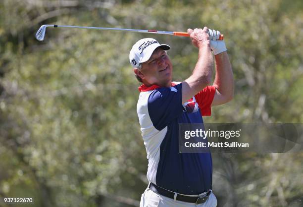 Wes Short Jr. Watches his tee shot on the eighth hole during the first round of the Rapiscan Systems Classic at Fallen Oak Golf Course on March 23,...