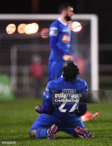Waterford , Ireland - 23 March 2018; Stanley Aborah of Waterford celebrates at the final whistle following his side's victory during the SSE...