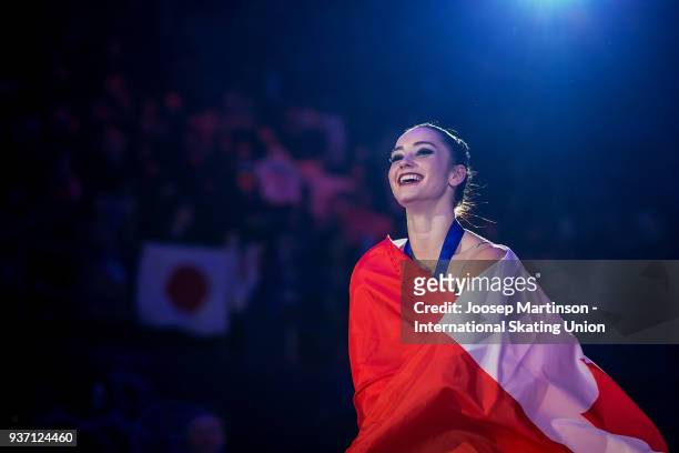 Kaetlyn Osmond of Canada reacts in the Ladies medal ceremony during day three of the World Figure Skating Championships at Mediolanum Forum on March...