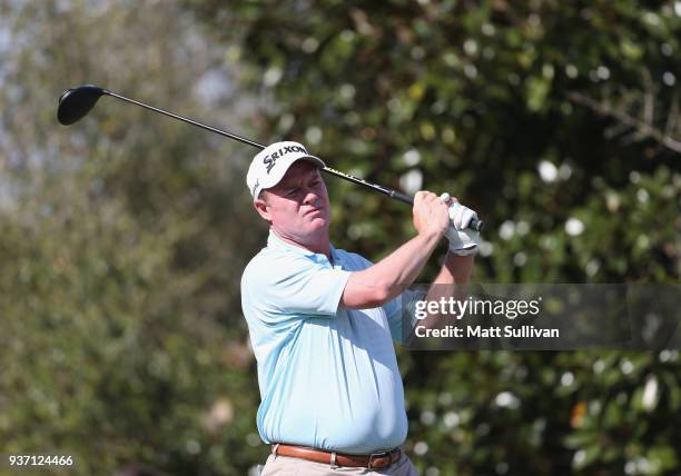 Joe Durant watches his tee shot on the 18th hole during the first round of the Rapiscan Systems Classic at Fallen Oak Golf Course on March 23, 2018...