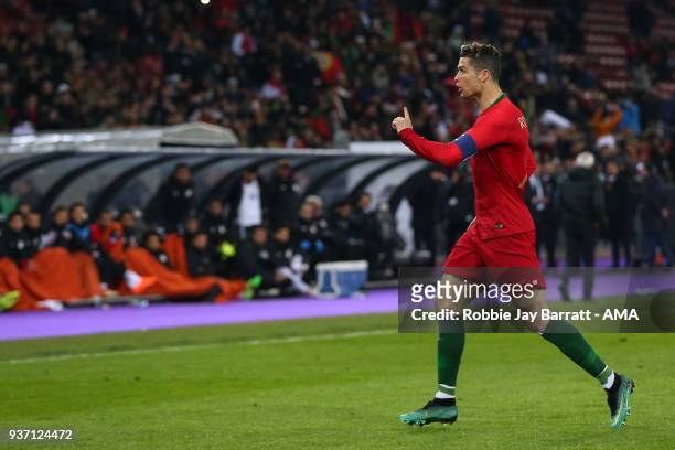Cristiano Ronaldo of Portugal reacts after his second goal goes to a VAR decision during the International Friendly match between Portugal and Egypt...