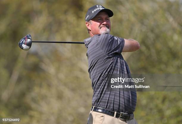 Jerry Kelly watches his tee shot on the 18th hole during the first round of the Rapiscan Systems Classic at Fallen Oak Golf Course on March 23, 2018...