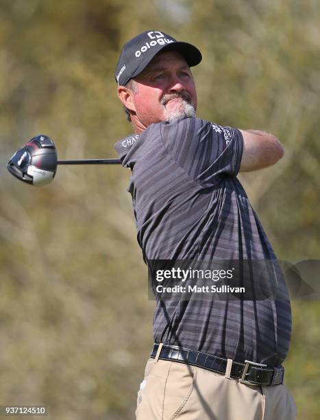 Jerry Kelly watches his tee shot on the 18th hole during the first round of the Rapiscan Systems Classic at Fallen Oak Golf Course on March 23, 2018...